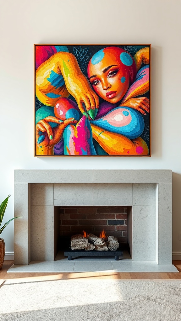 Colorful artwork above a modern fireplace