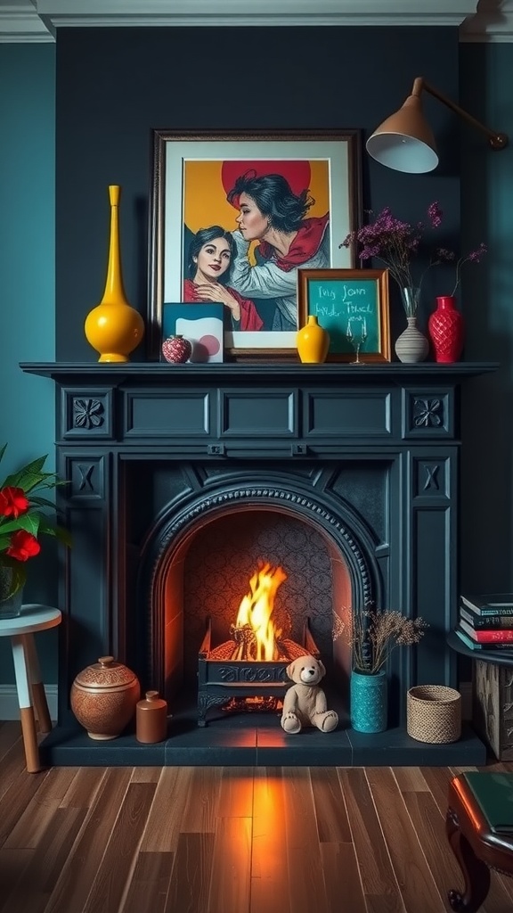 A stylish fireplace decorated with colorful vases and artwork against a dark wall.