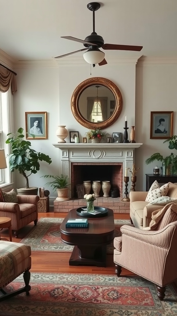 A cozy living room featuring a fireplace, vintage decor, and plants.