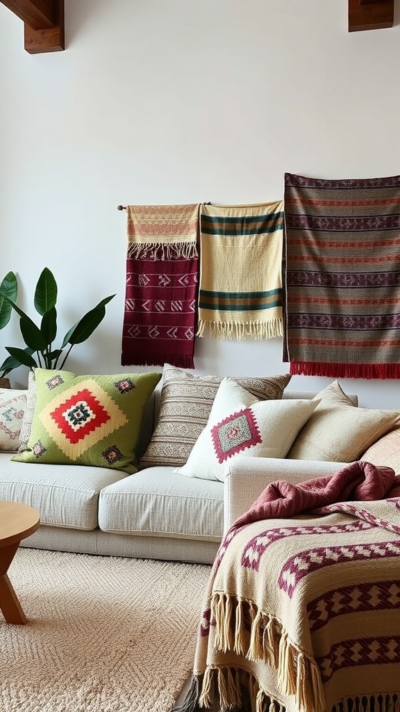 Living room with a sofa adorned with colorful pillows and global textiles hanging on the wall.