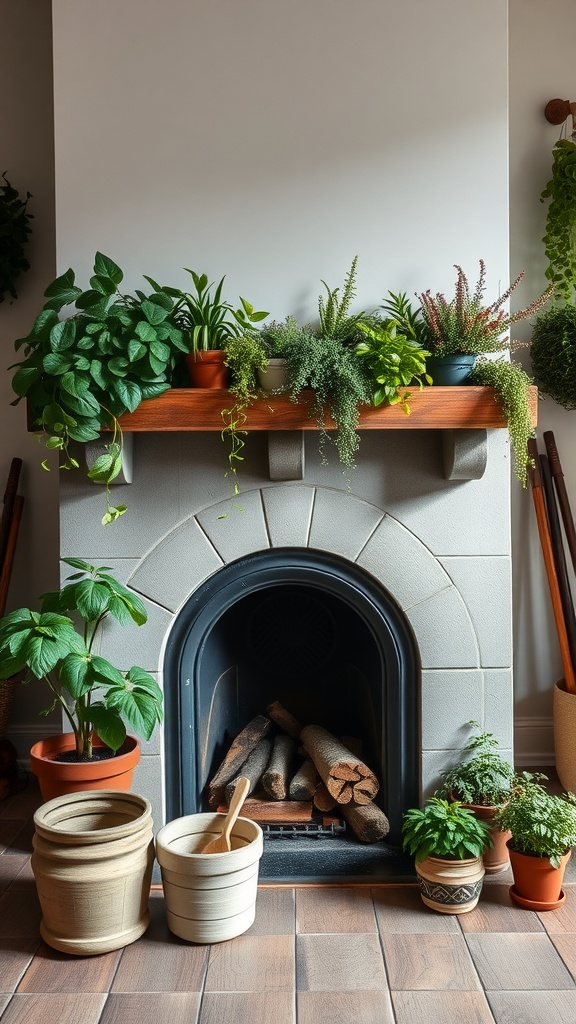 A cozy fireplace with a wooden mantel decorated with various green plants and pots.