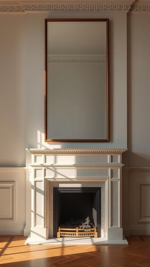 A fireplace with a large mirror above it, reflecting light and adding depth to the room.