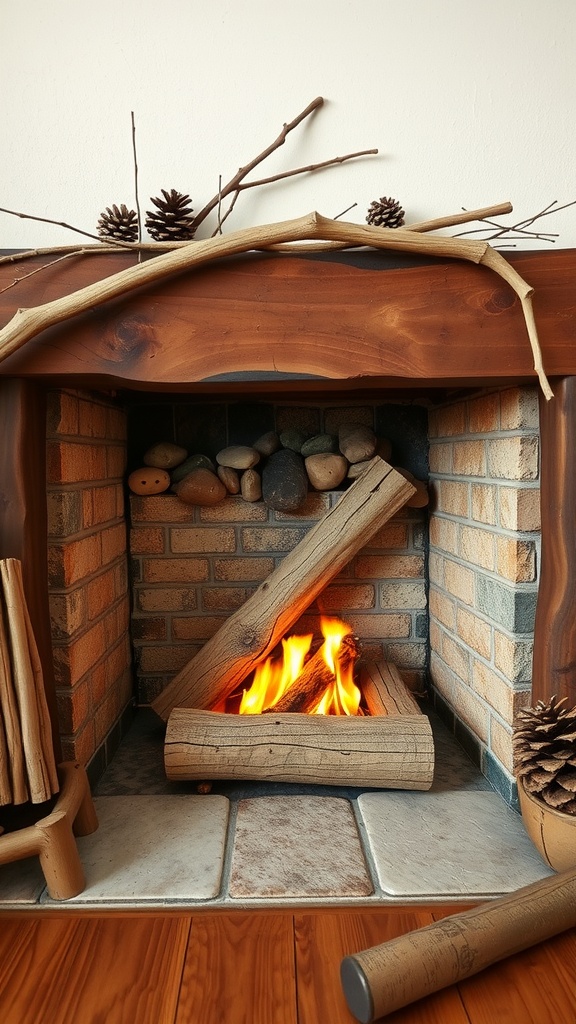 Cozy fireplace with natural elements like wood logs, stones, and pinecones.