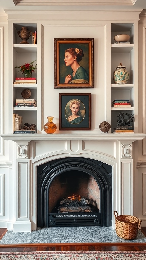 Elegant fireplace with built-in shelving featuring books, decorative items, and artwork.