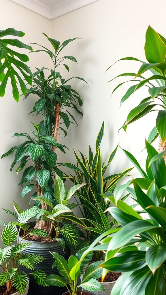 Indoor plant corner featuring various green plants arranged in pots