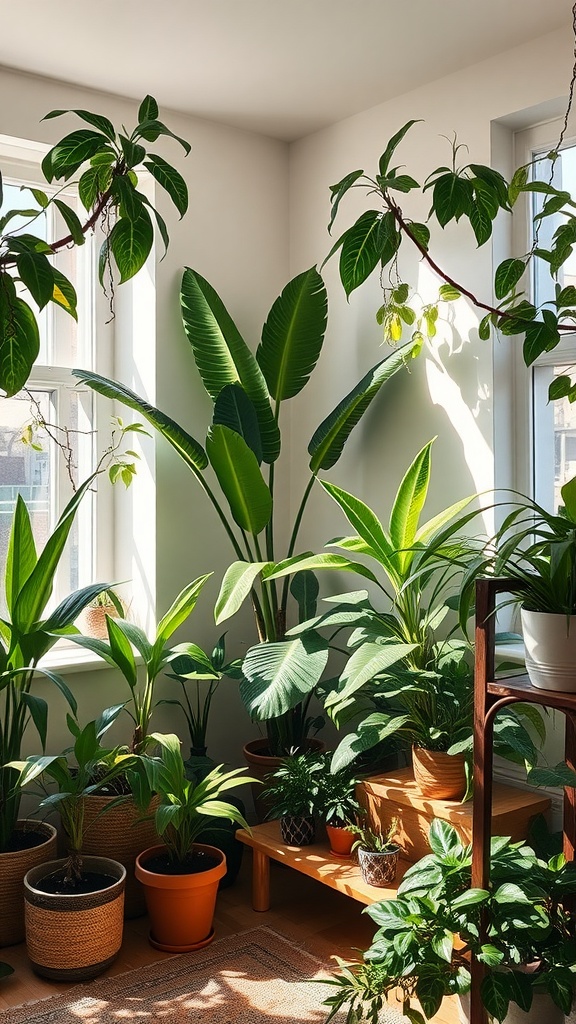 A bright corner filled with various indoor plants, showcasing a bohemian decor style.