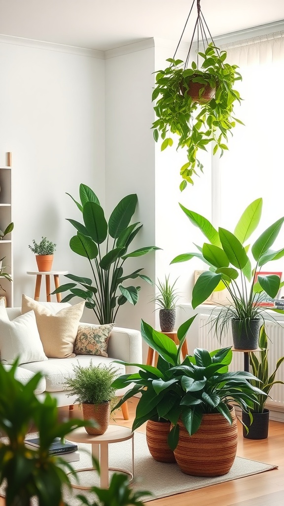 Cozy living room filled with various indoor plants, including a hanging plant and large leafy greens, creating a fresh atmosphere.