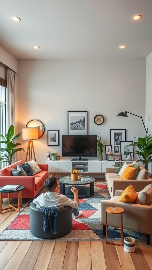A cozy living room featuring vibrant sofas, a circular coffee table, plants, and warm lighting.