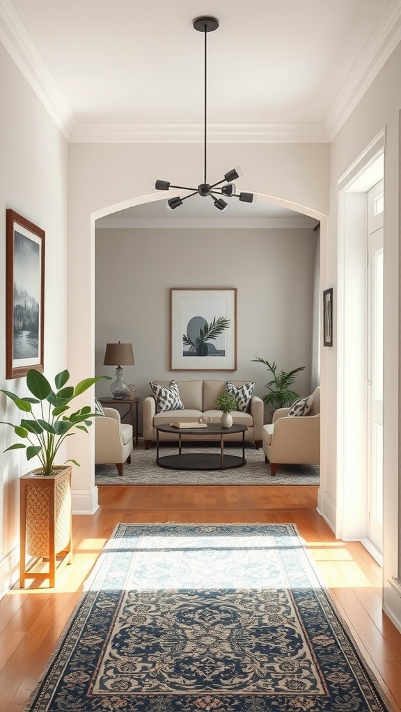 A stylish entryway leading to a cozy living room, featuring a plant, a patterned rug, and framed art.