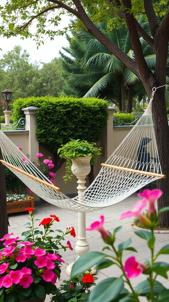 A cozy hammock surrounded by colorful flowers in a serene outdoor patio setting.