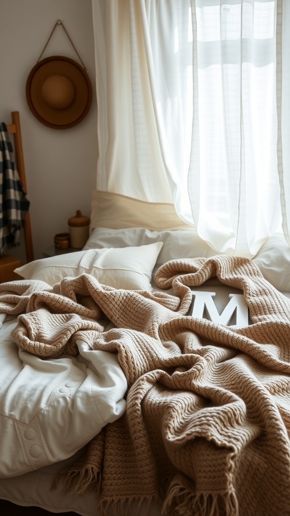 Cozy bed with layered fabrics, featuring soft blankets and pillows, decorated with a letter and light curtains.