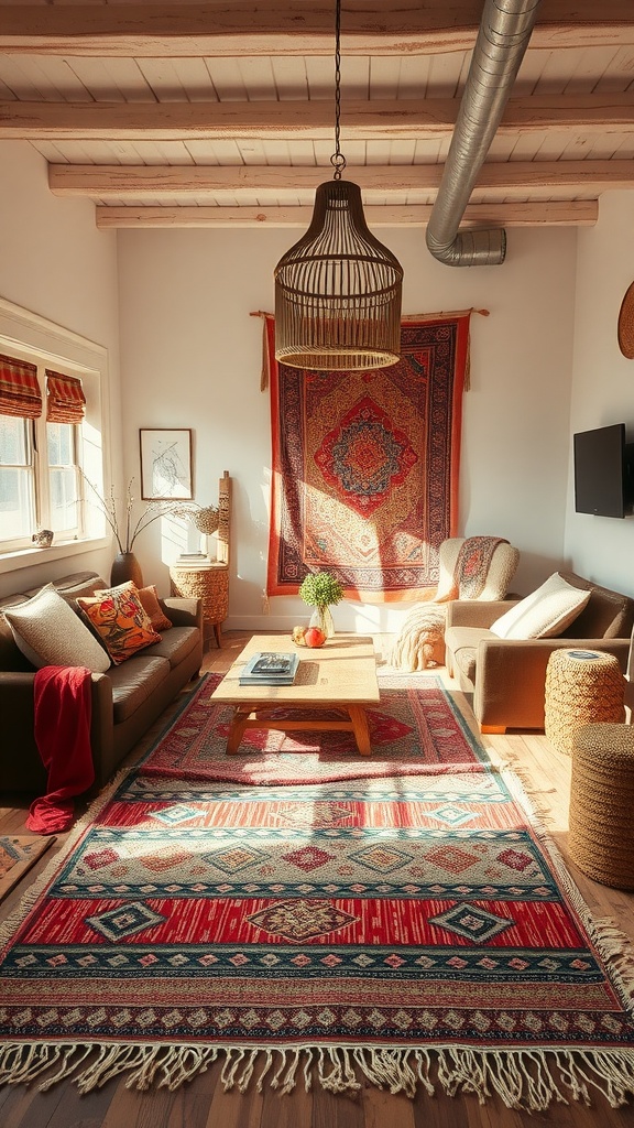 A cozy living room featuring layered rugs, soft furnishings, and natural light.