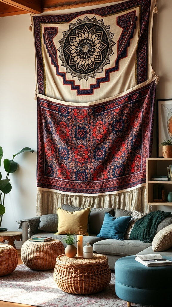 Layered tapestries displayed on a wall in a cozy living room setting.