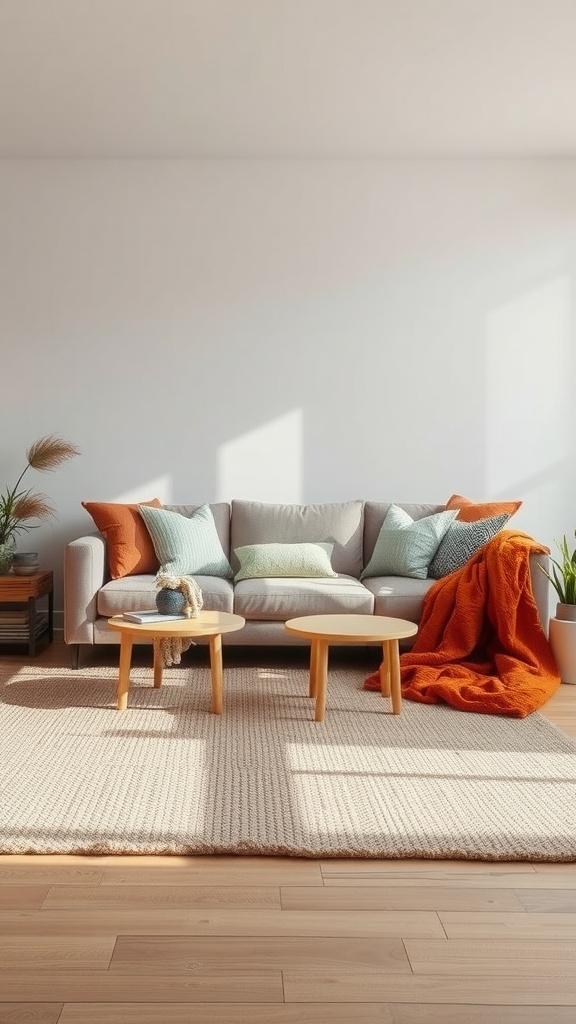 A cozy living room with a light-colored couch, colorful pillows, a warm blanket, and wooden coffee tables.