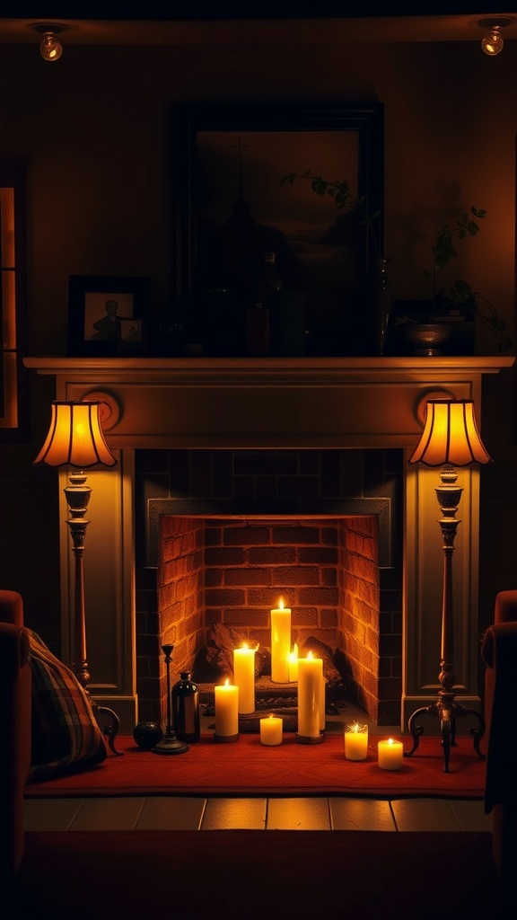 Cozy fireplace with candles and warm lamps creating an inviting atmosphere.