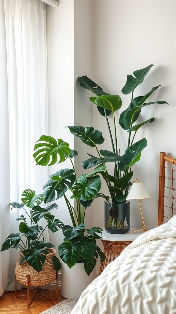 A bright bedroom corner featuring lush indoor plants in stylish pots, creating a serene atmosphere.