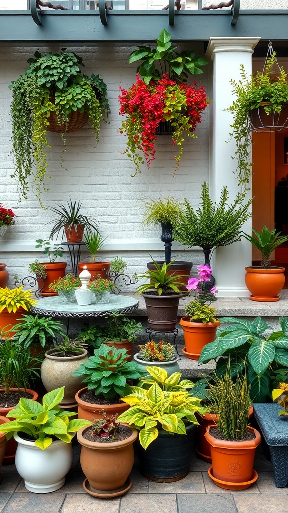 A vibrant selection of potted plants on an outdoor patio, featuring hanging plants, various pot styles, and a diverse range of greenery.