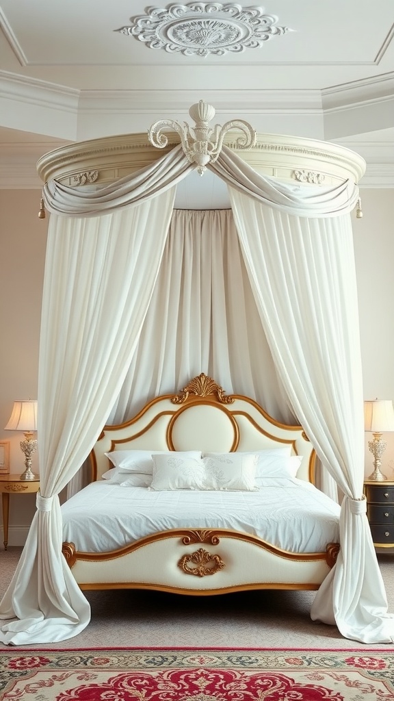 A luxurious canopy bed with white drapes, featuring an elegant headboard and soft bedding in a stylish bedroom setting.