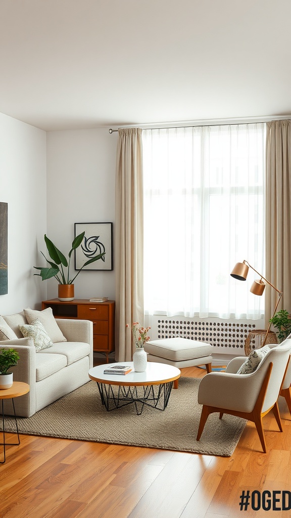 A bright living room featuring mid-century modern decor with neutral tones, plants, and stylish furniture.