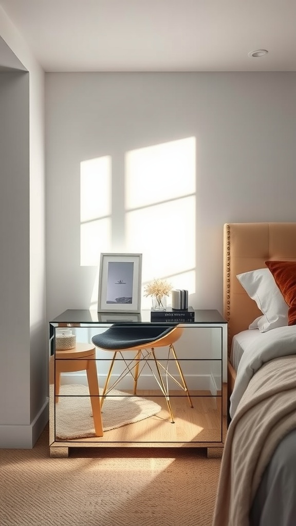 A stylish mirrored nightstand beside an upholstered bed in a modern bedroom