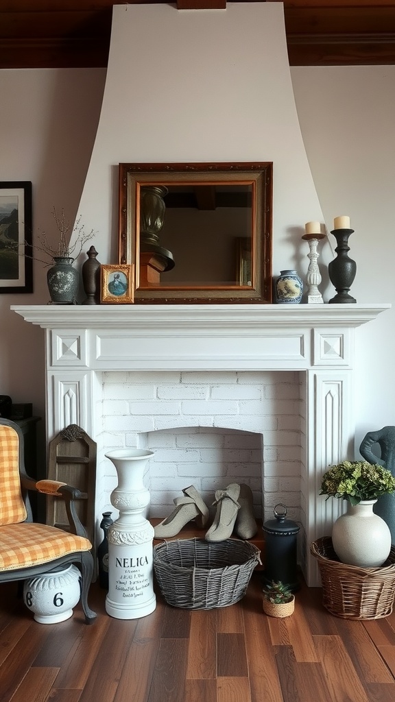 A cozy fireplace with a mix of modern and vintage decor elements.