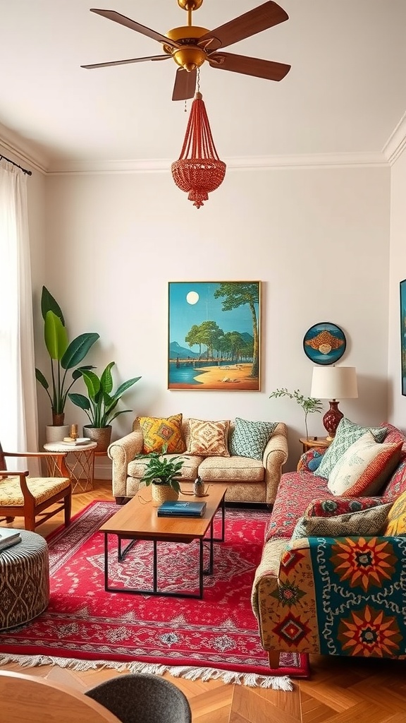 A bohemian style living room with a mix of colorful patterns, plants, and unique decor.