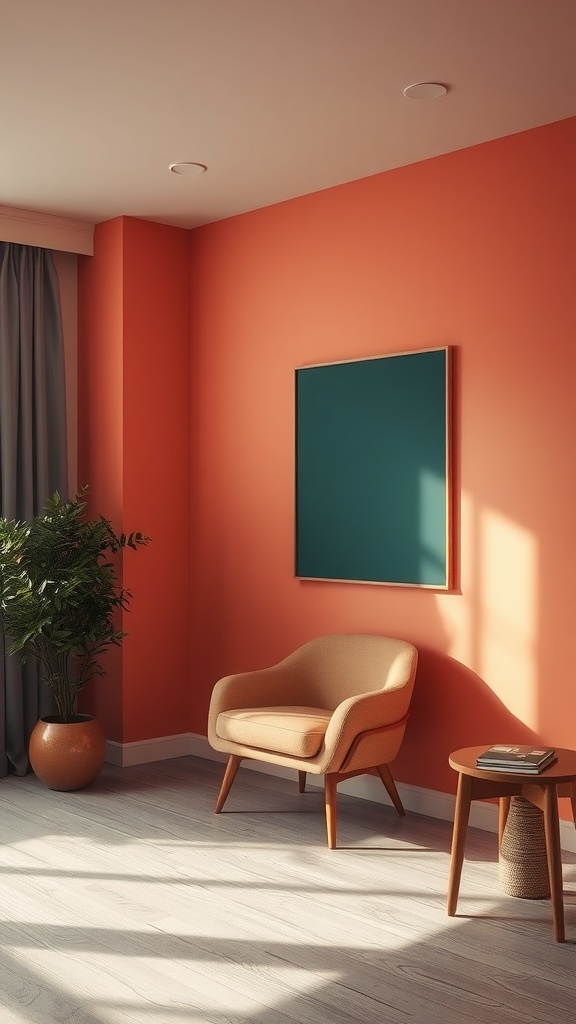 A cozy room with coral walls, a light tan chair, a wooden table, and a green framed board, illuminated by natural light.