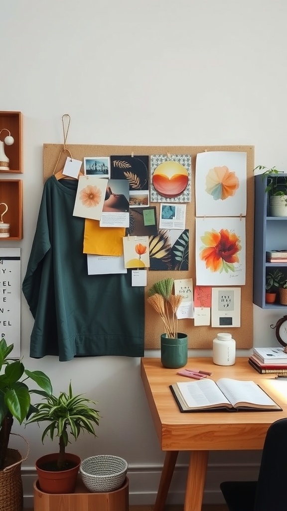 A cozy workspace with a corkboard filled with art inspirations and greenery