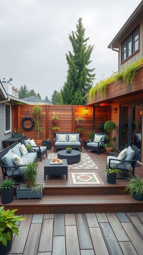 A cozy multi-level outdoor patio featuring comfortable seating, potted plants, and a warm ambiance.