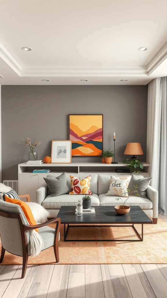Stylish living room with neutral gray walls, a light gray sofa with colorful cushions, and a wooden coffee table.