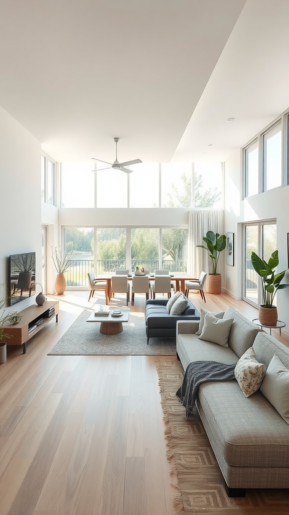 A spacious living room with an open concept design, featuring large windows, modern furniture, and plants