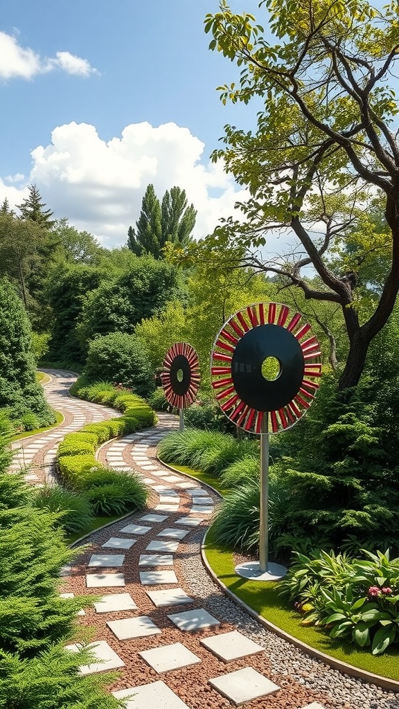 A winding garden path featuring colorful circular sculptures surrounded by lush greenery under a blue sky.