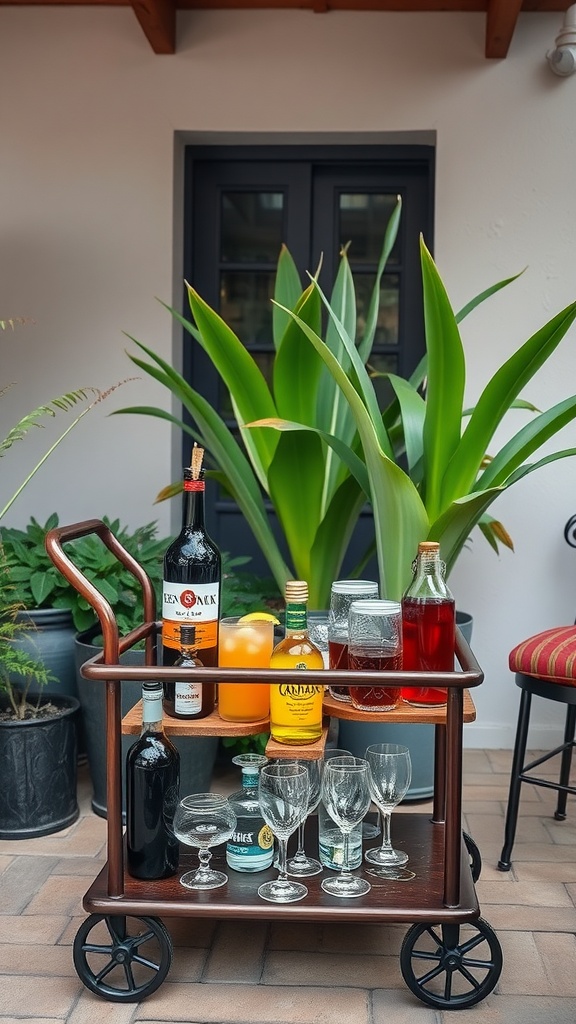 An outdoor bar cart with various drinks and glasses, surrounded by greenery.