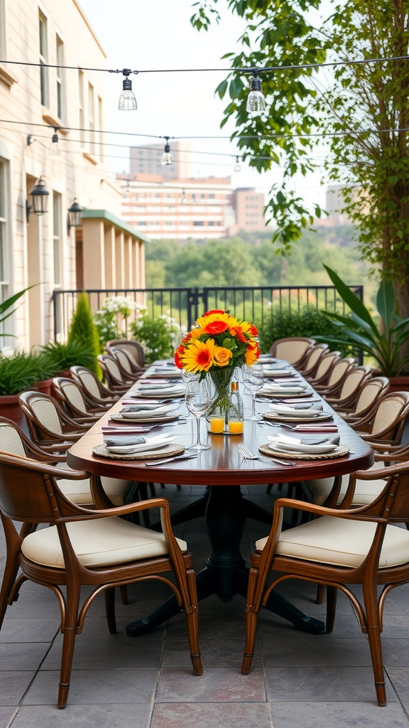 An outdoor dining set with a long table, chairs, and a vase of sunflowers, surrounded by greenery and string lights.