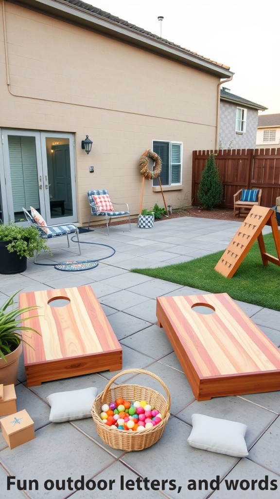 Outdoor games setup with cornhole boards and colorful balls.