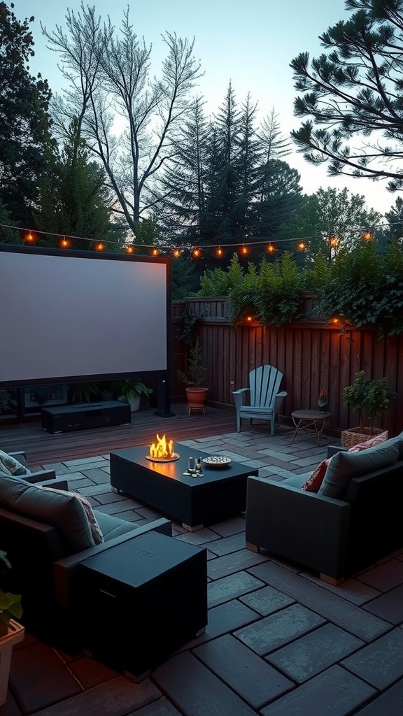 Outdoor movie setup with a large screen, cozy seating, string lights, and a fire pit.