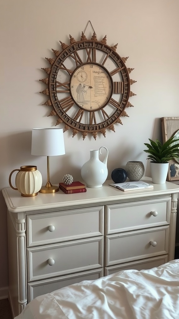 A stylish bedroom dresser featuring decorative accents including a clock, lamp, plants, and books.