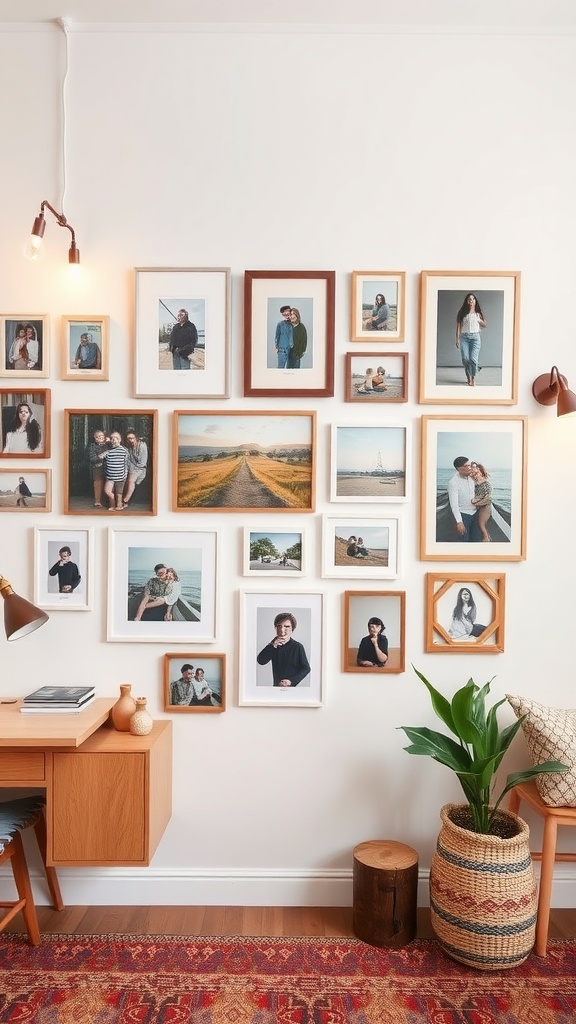 Personalized gallery wall with framed photos, showcasing various memories and moments.