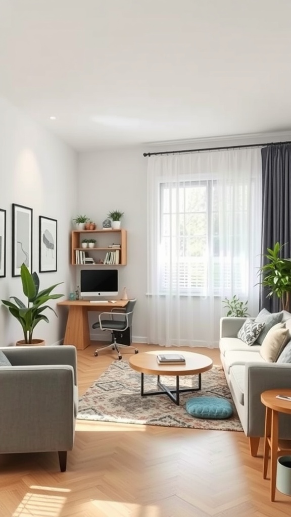 A stylish living room featuring a personalized home office corner with a desk, computer, plants, and decorative elements.