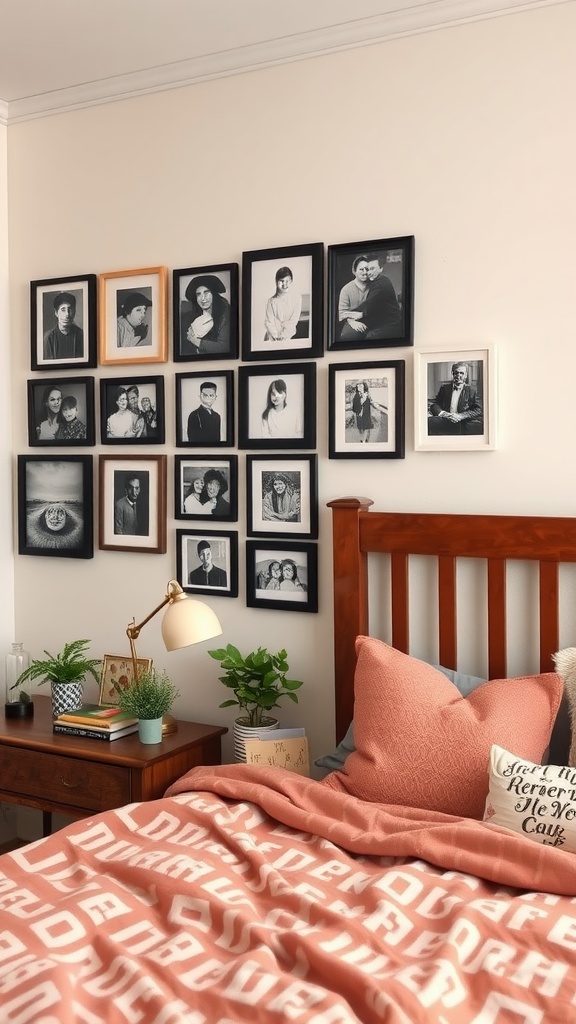 A bedroom featuring a gallery wall of black-and-white photos, a cozy bed with a coral blanket, and a bedside table with plants and a lamp.