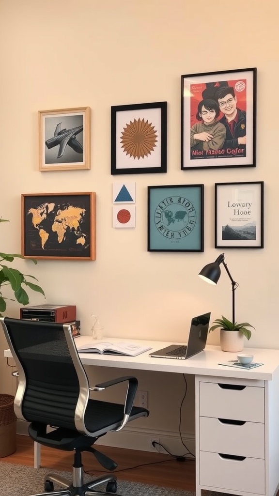 A cozy working space with a gallery wall featuring personalized wall art, including a world map, geometric shapes, and framed photographs.