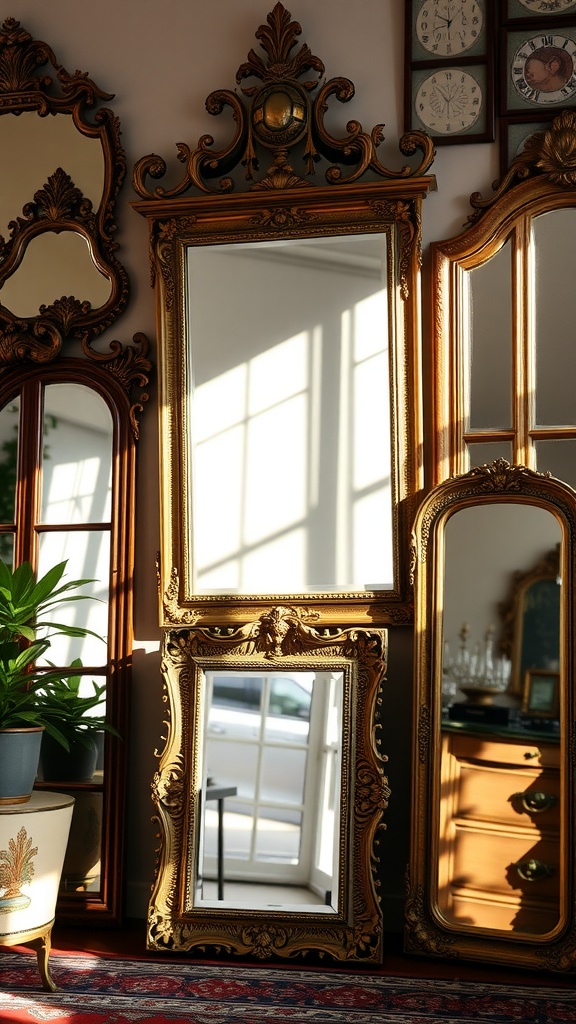 A collection of vintage-style mirrors arranged together, reflecting light and enhancing room decor with a plant nearby.