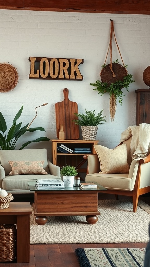 Cozy living room with reclaimed wood accents, featuring a wooden sign, plants, and comfortable seating.