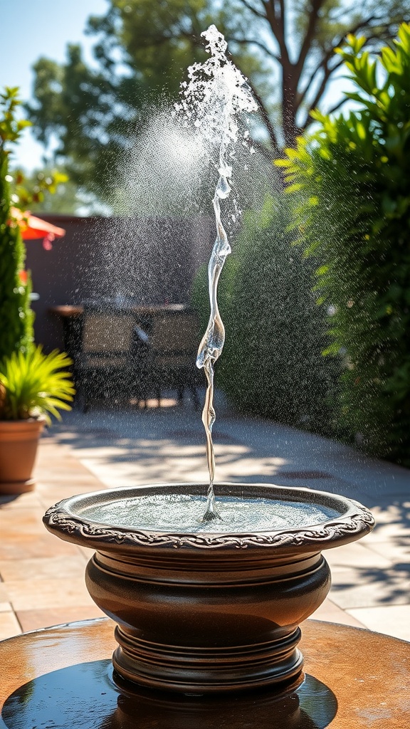 A decorative outdoor fountain with a mist feature surrounded by greenery.