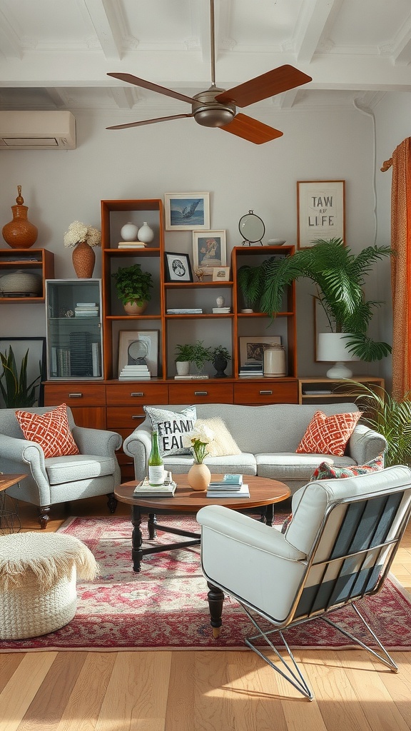 A cozy living room with repurposed vintage items, featuring a mix of furniture and decor.
