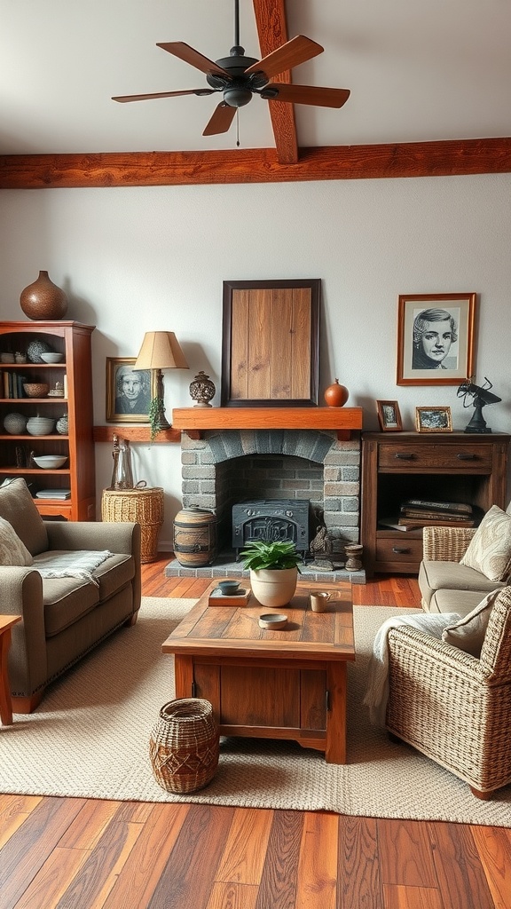 Cozy living room featuring reclaimed wood accents, a stone fireplace, and rustic furniture.