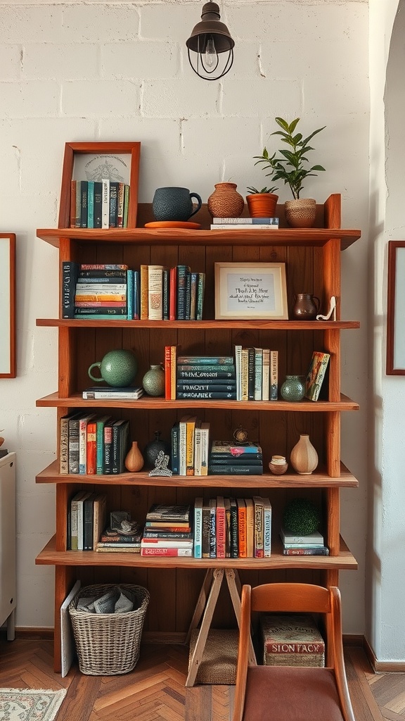 A rustic wooden shelving unit filled with books, decorative plants, and personal items, set against a white wall.