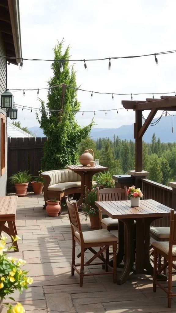 Outdoor patio with rustic wood furniture, potted plants, and string lights