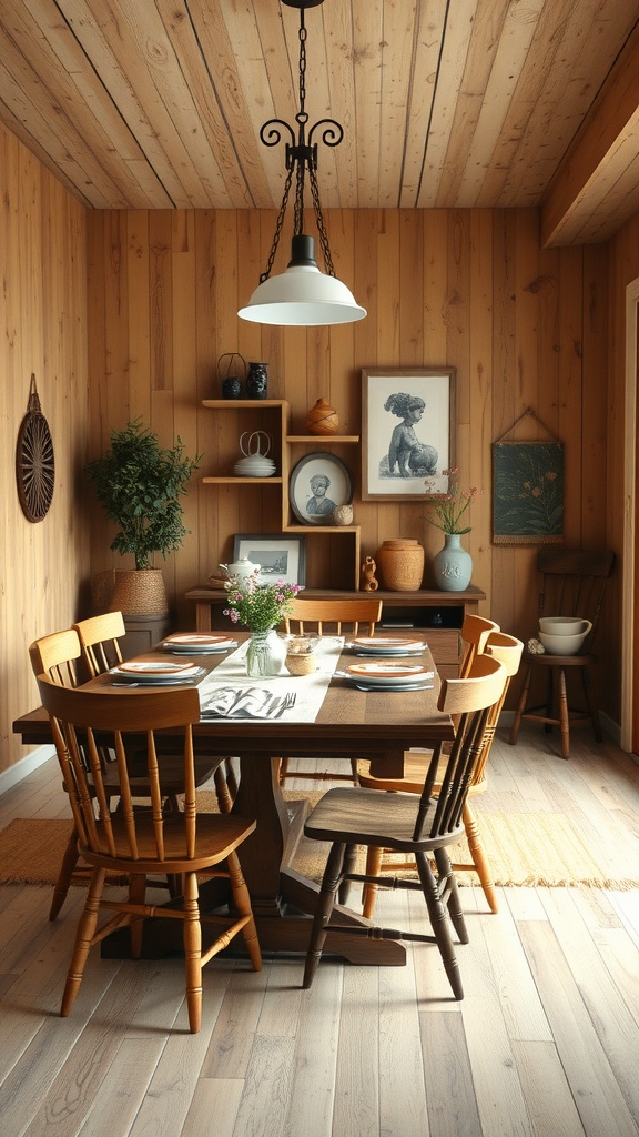 A cozy dining area featuring rustic wooden accents, including a wooden table, chairs, and wall paneling.