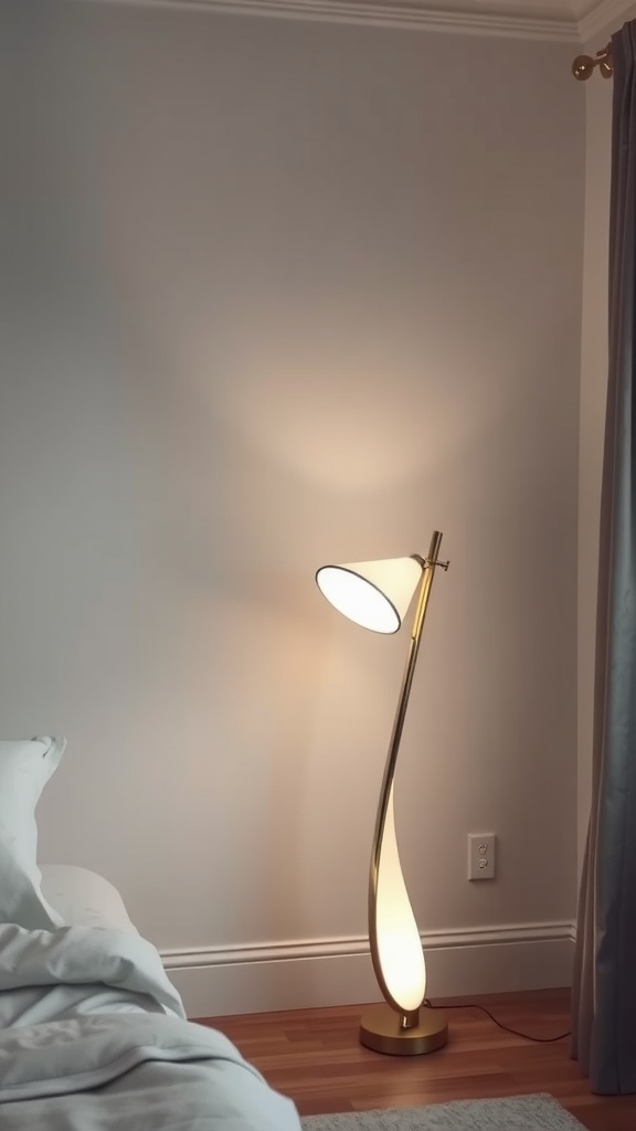 A sleek sculptural floor lamp beside a bed in a cozy bedroom setting.